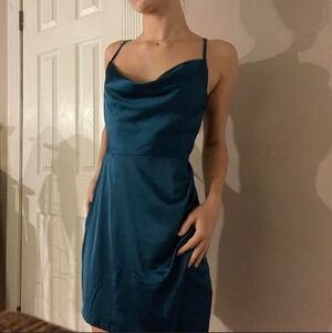 Nasty Gal Cowl Around Mini Slip Dress Turquoise Teal Blue Green, Size 8